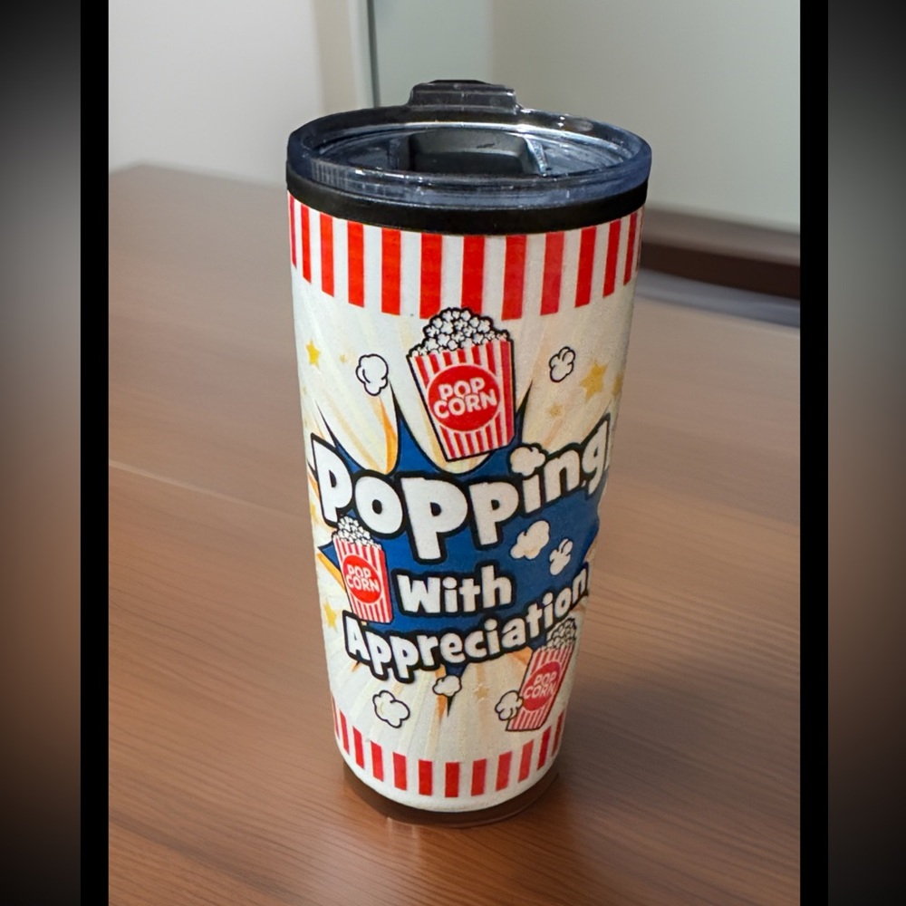 Popcorn Themed Appreciation Tumbler with Red and Blue Accents: clear lid. Fun